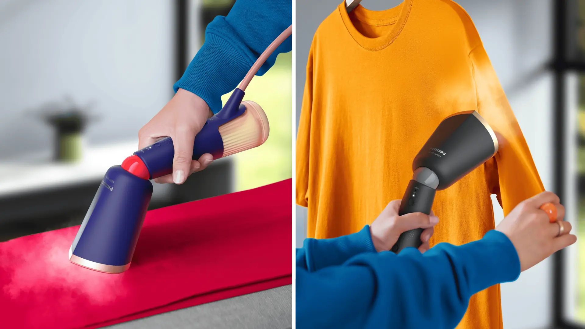 Steam vertically and horizontally, no ironing board needed Steam vertically and horizontally, no ironing board needed