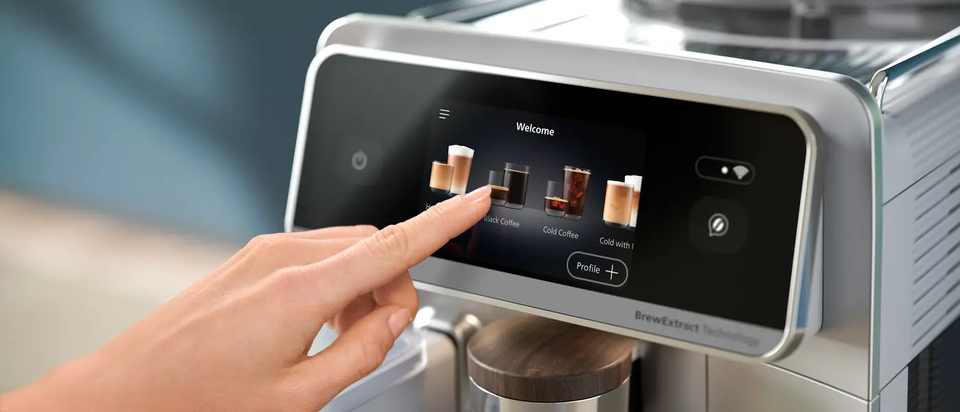 Valg af kaffepræference ved at trykke på det intuitive touch-display på Philips kaffemaskinen Valg af kaffepræference ved at trykke på det intuitive touch-display på Philips kaffemaskinen