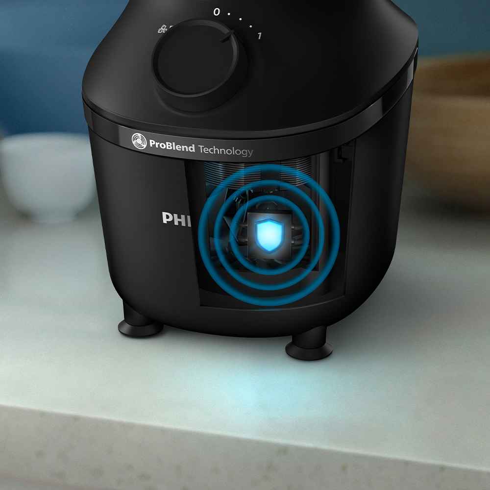 Nærbilde av en svart Philips Blend & Juice blenderbase med ProBlend-teknologi, som fremhever den kraftige motoren og overlegen design for eksepsjonell blanding. Nærbilde av en svart Philips Blend & Juice blenderbase med ProBlend-teknologi, som fremhever den kraftige motoren og overlegen design for eksepsjonell blanding.