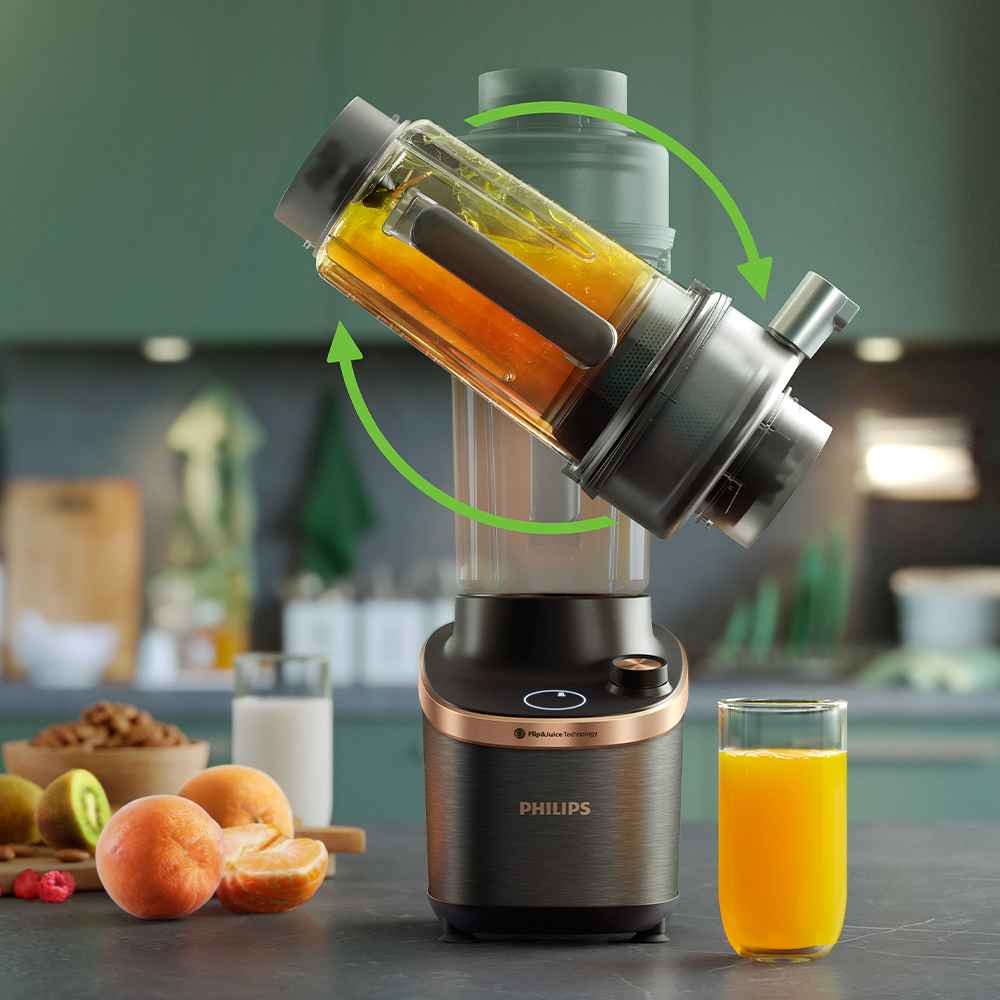 Philips Blend & Juice har Flip&Juice-teknologi, som viser blenderen som uanstrengt trekker ut fersk appelsinjuice. Premium design, fremme av en sunn livsstil. Philips Blend & Juice har Flip&Juice-teknologi, som viser blenderen som uanstrengt trekker ut fersk appelsinjuice. Premium design, fremme av en sunn livsstil.