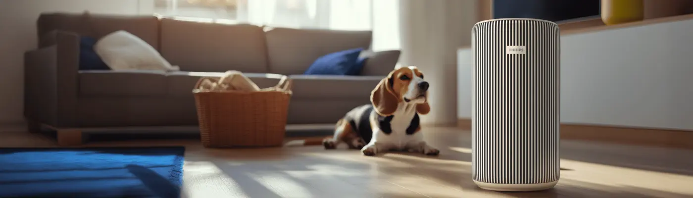 Philips air purifier in a bright, modern living room with a dog resting nearby, showing clean, fresh air and a comfortable home environment. Philips air purifier in a bright, modern living room with a dog resting nearby, showing clean, fresh air and a comfortable home environment.
