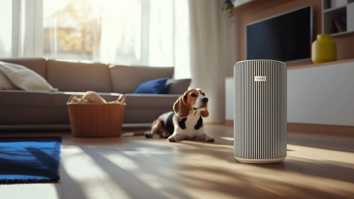 Philips air purifier in a bright, modern living room with a dog resting nearby, showing clean, fresh air and a comfortable home environment. Philips air purifier in a bright, modern living room with a dog resting nearby, showing clean, fresh air and a comfortable home environment.