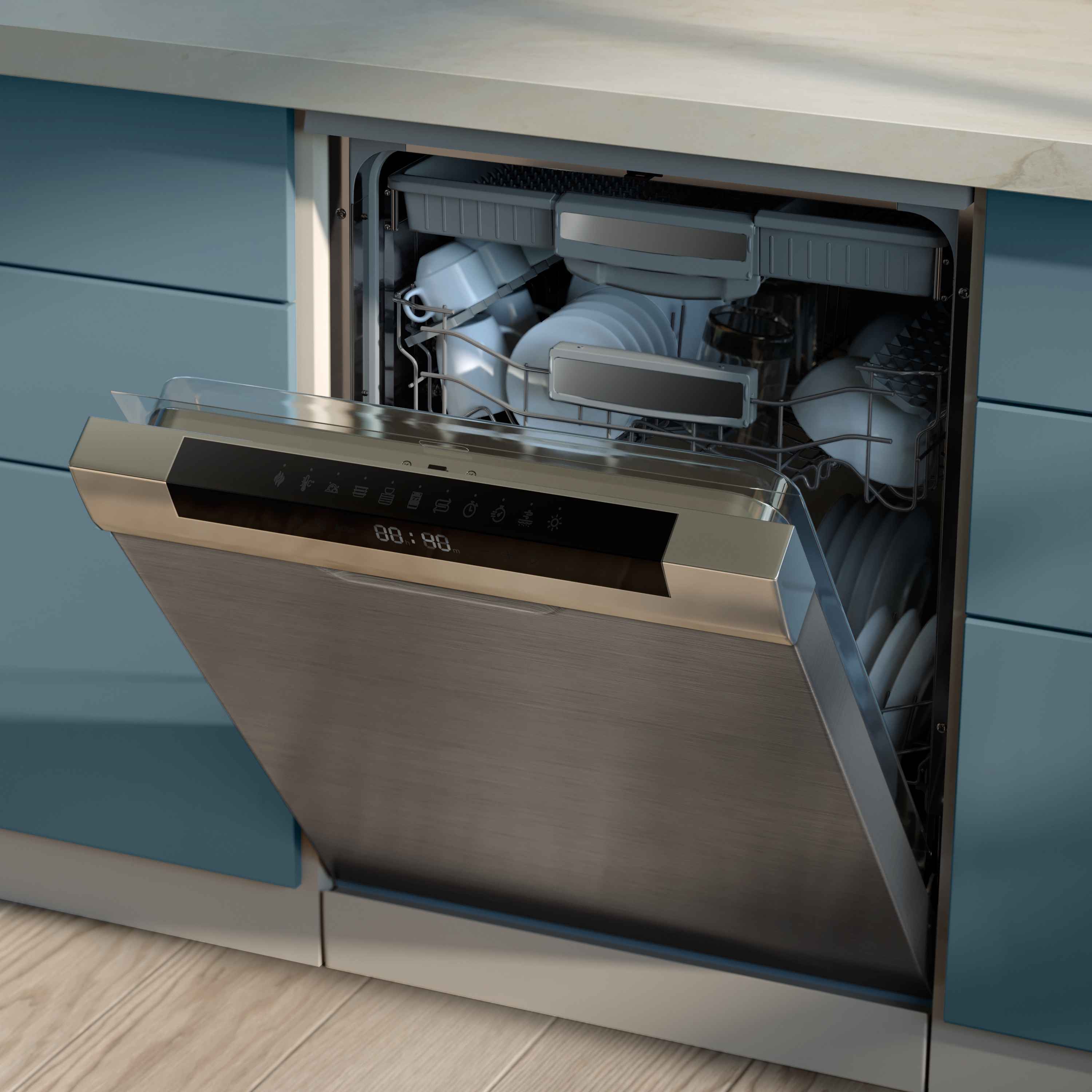 Åpne Philips komfyrers oppvaskmaskin fylt med oppvask. Sølvdesign, digitalt display viser tiden. Del av Philips Komfyrer-serien, som tilbyr overlegen rengjøring. Åpne Philips komfyrers oppvaskmaskin fylt med oppvask. Sølvdesign, digitalt display viser tiden. Del av Philips Komfyrer-serien, som tilbyr overlegen rengjøring.