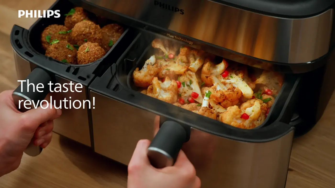 Video som viser den nye Philips Dual Basket Airfryer 5000 Series og dens viktigste funksjoner. Video som viser den nye Philips Dual Basket Airfryer 5000 Series og dens viktigste funksjoner.