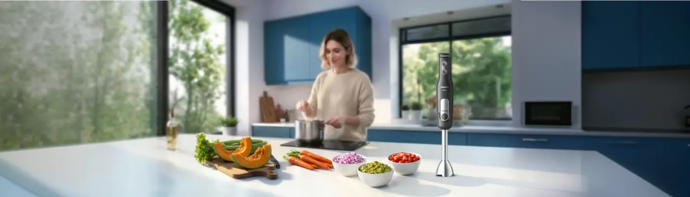 Frullatore a immersione Philips ProMix in una cucina moderna per frullare facilmente e preparare verdure e ingredienti freschi. Frullatore a immersione Philips ProMix in una cucina moderna per frullare facilmente e preparare verdure e ingredienti freschi.