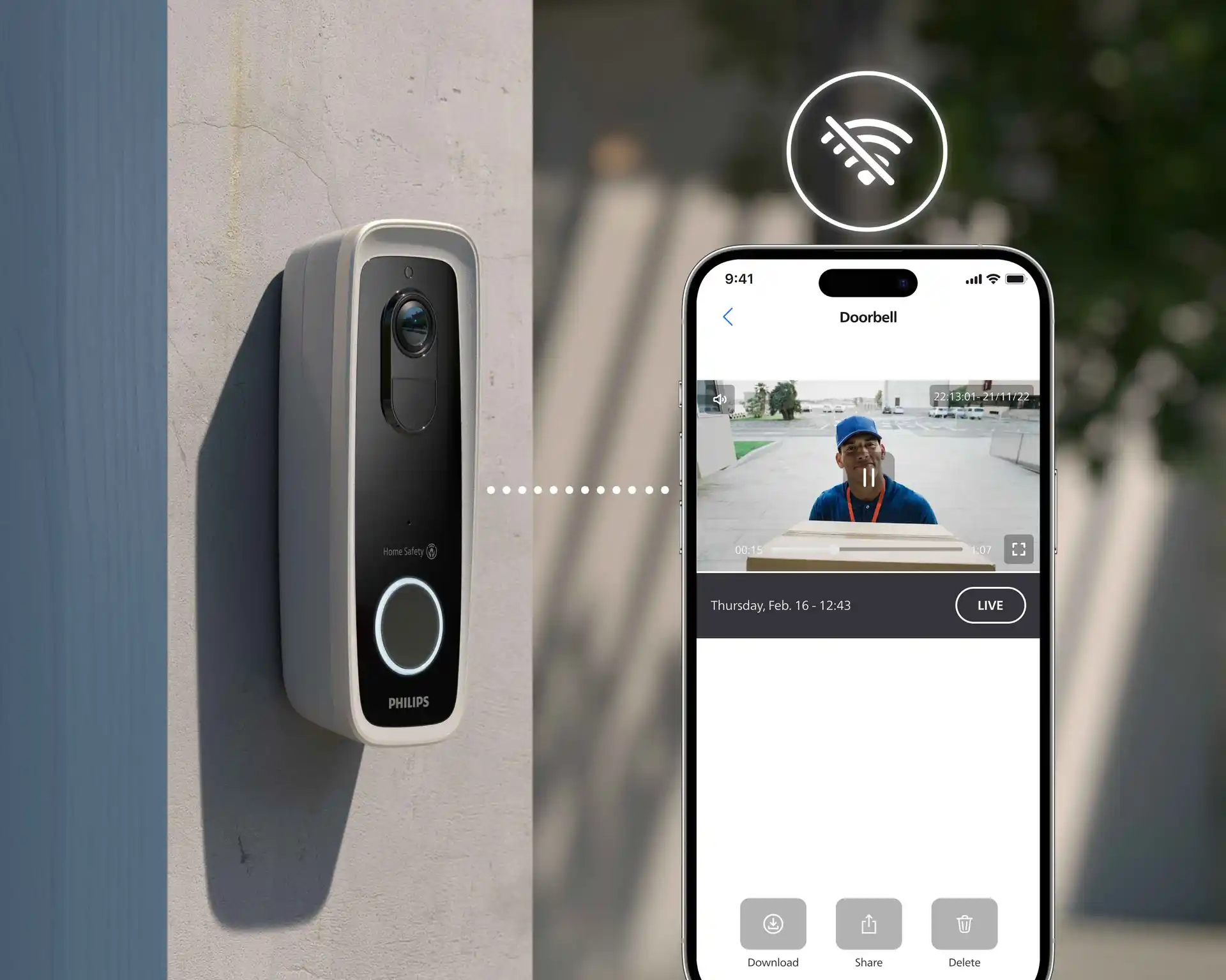 Philips Home Safety Smart Camera with black finish is shown on a shelf, blending seamlessly into a modern home. It features integrated motion detection and live streaming. Philips Home Safety Smart Camera with black finish is shown on a shelf, blending seamlessly into a modern home. It features integrated motion detection and live streaming.