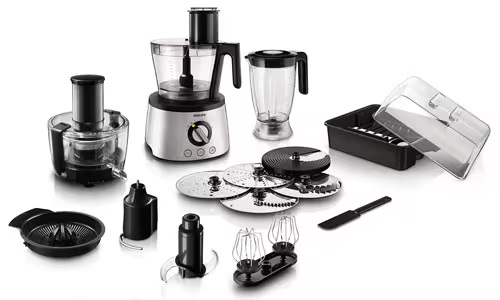 Robot de bucătărie Philips cu multiple accesorii afișat pe un fundal alb Robot de bucătărie Philips cu multiple accesorii afișat pe un fundal alb