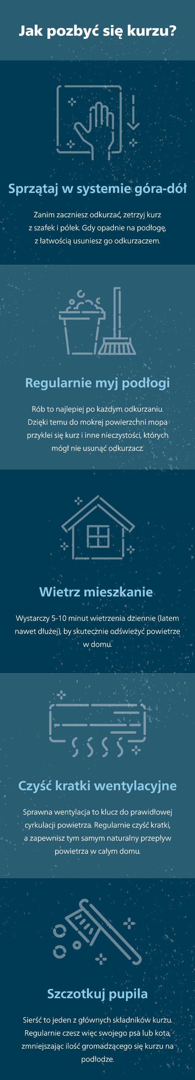 Infografika na granatowym tle z nagłówkiem Jak pozbyć się kurzu Infografika na granatowym tle z nagłówkiem Jak pozbyć się kurzu