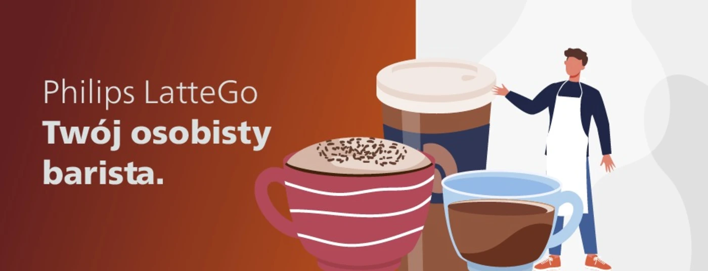 Grafika na brązowo-białym tle z napisem "Philips LatteGo Twój osobisty barista" i grafikami kaw i baristy obok. Grafika na brązowo-białym tle z napisem "Philips LatteGo Twój osobisty barista" i grafikami kaw i baristy obok.
