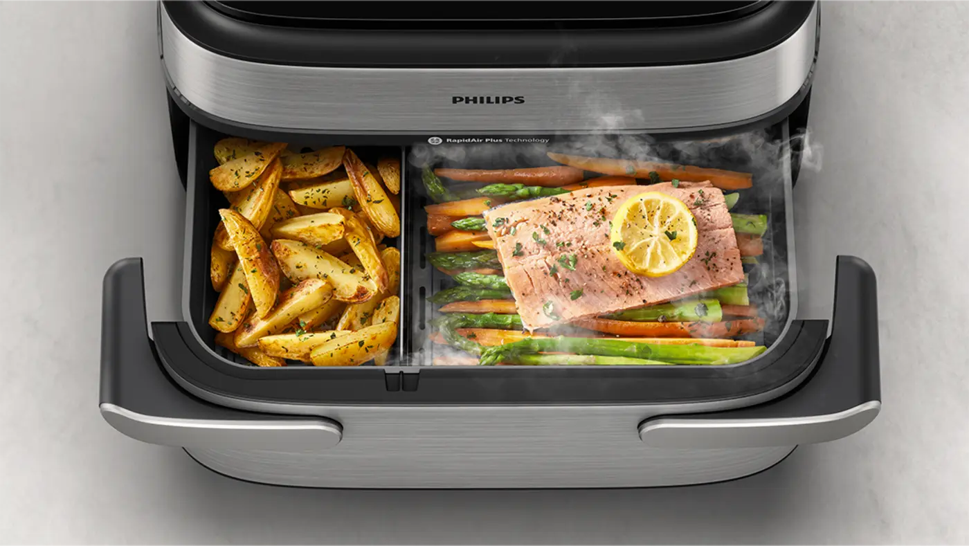 Geniet van een volledige maaltijd met onze Dual Basket of Megabasket Airfryer Geniet van een volledige maaltijd met onze Dual Basket of Megabasket Airfryer