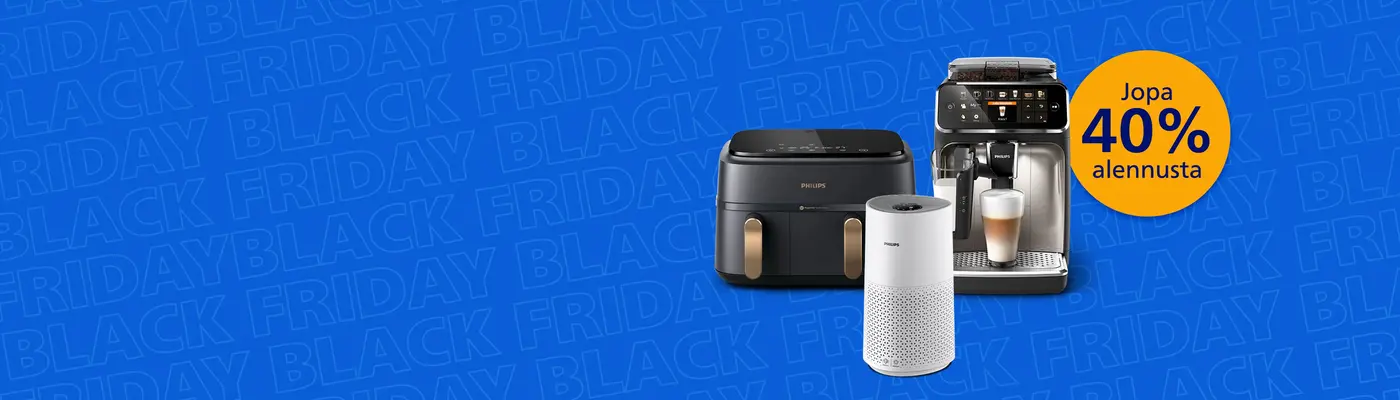 Banneri, joka mainostaa Black Friday -tapahtumaa Philips Homen verkkosivustolla Banneri, joka mainostaa Black Friday -tapahtumaa Philips Homen verkkosivustolla