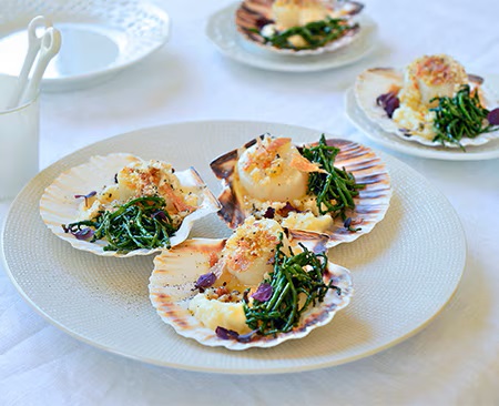 Trois coquilles Saint-Jacques sur une assiette blanche, garnies d'épinards frais. Trois coquilles Saint-Jacques sur une assiette blanche, garnies d'épinards frais.
