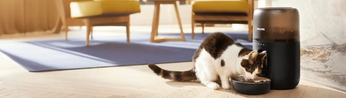 Kat nyder et måltid fra en Philips Pet Care automatisk foderautomat. Med portionskontrol, app-forbindelse og et elegant design til moderne kæledyrsejere. Kat nyder et måltid fra en Philips Pet Care automatisk foderautomat. Med portionskontrol, app-forbindelse og et elegant design til moderne kæledyrsejere.