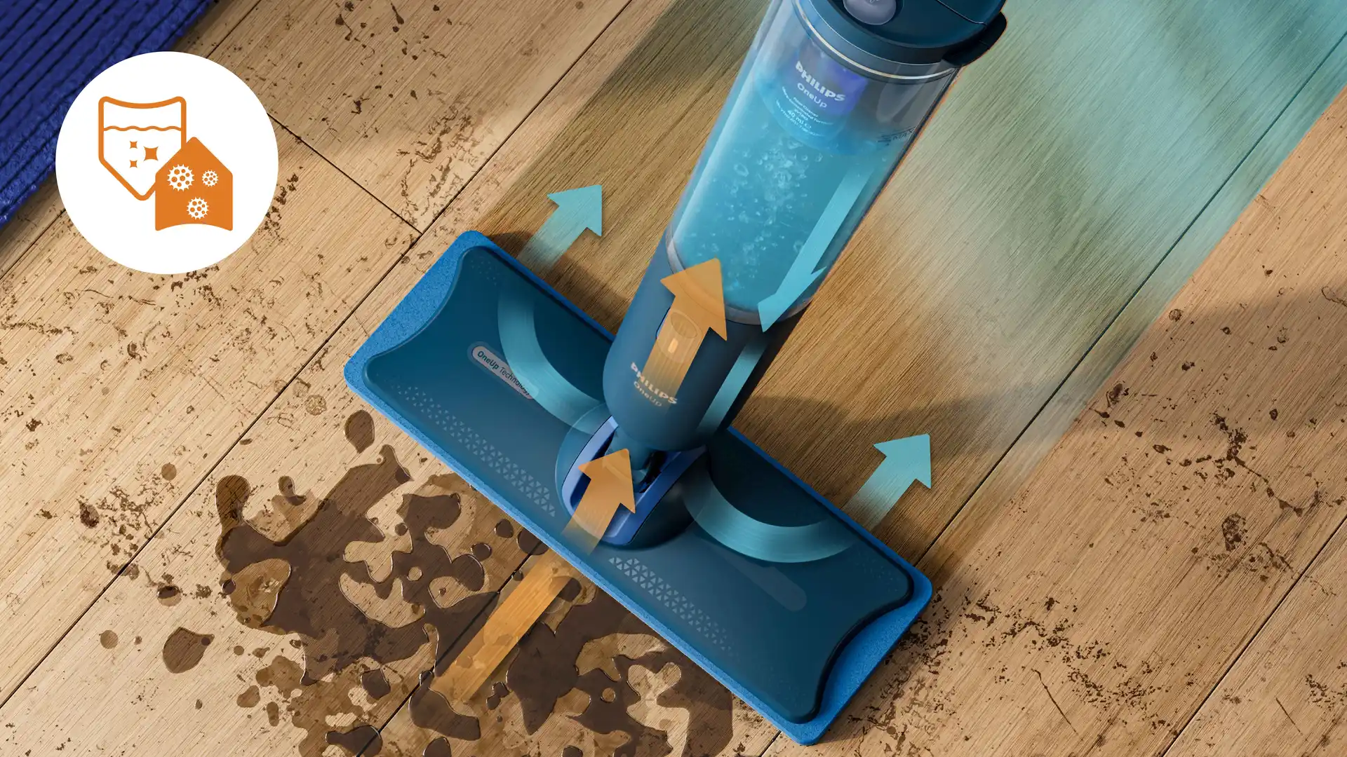 Philips OneUp Aspirador fregona húmedo-seco para suelos de madera limpiando suciedad y derrames con flechas que indican flujo de aire y distribución de agua. Philips OneUp Aspirador fregona húmedo-seco para suelos de madera limpiando suciedad y derrames con flechas que indican flujo de aire y distribución de agua.