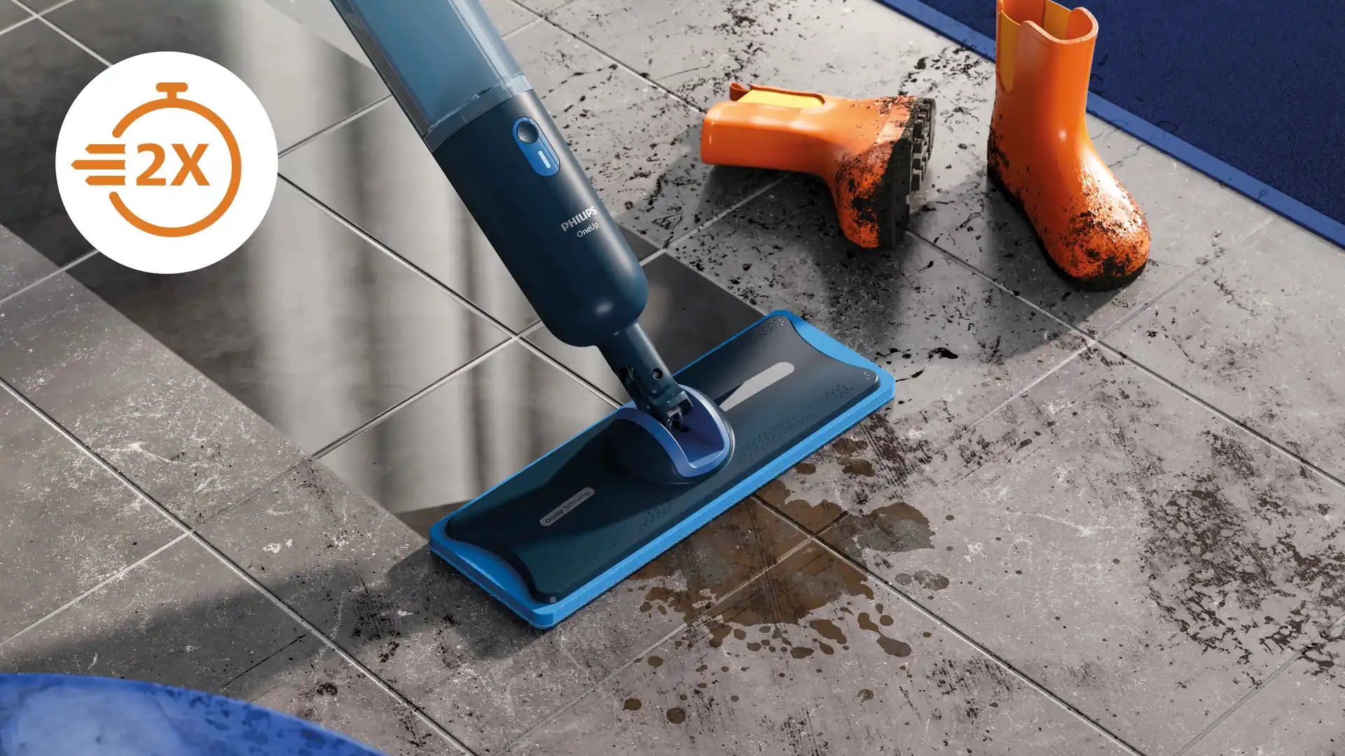 Mop Philips OneUp na podlahy vyniká v čištění špinavých dlažeb, s oranžovými botkami a ikonou rychlosti 2x. Mop Philips OneUp na podlahy vyniká v čištění špinavých dlažeb, s oranžovými botkami a ikonou rychlosti 2x.