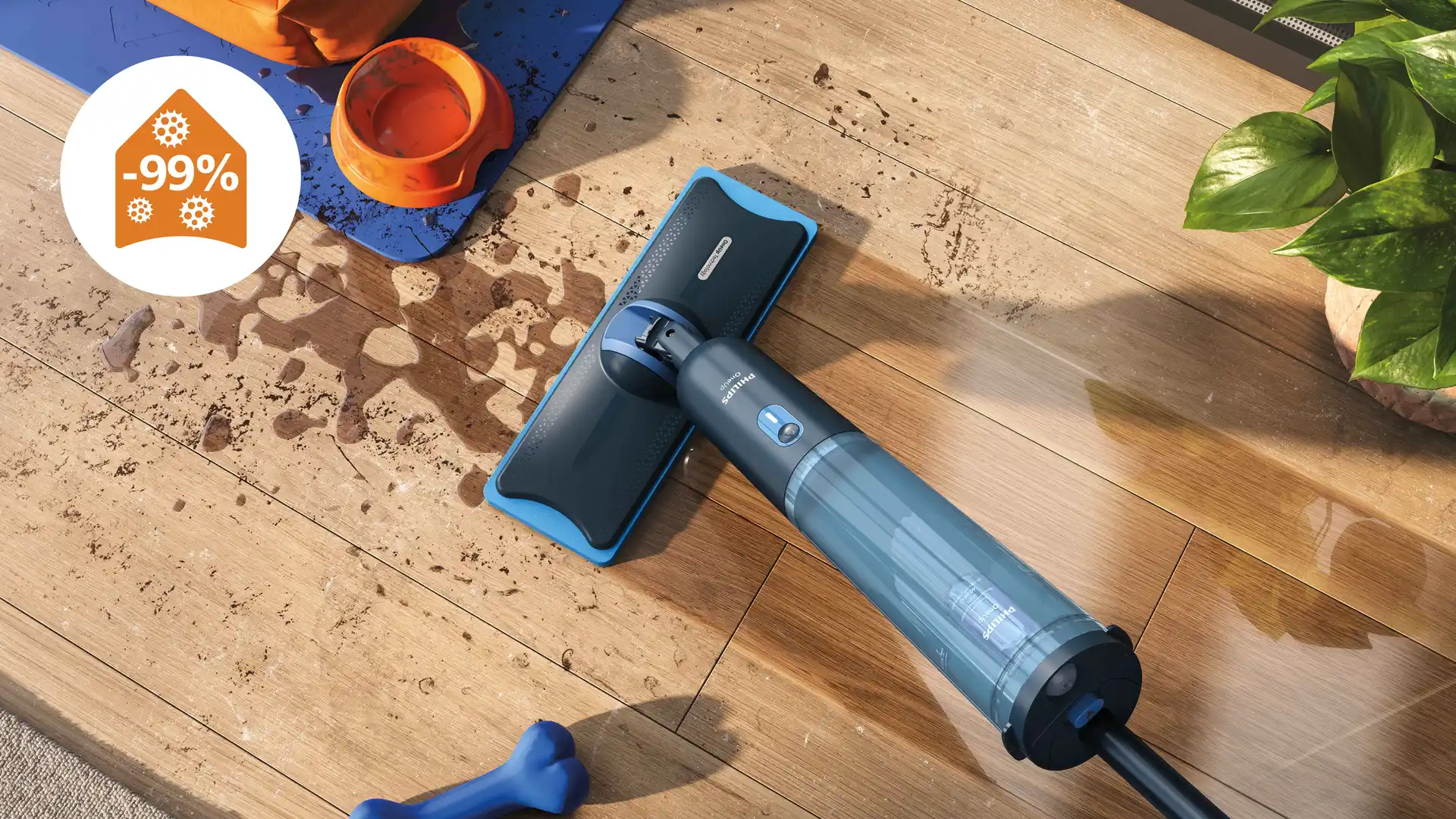 La aspiradora vertical inalámbrica Philips OneUp para el cuidado de suelos con mopa pulverizadora limpia agua derramada y suciedad en suelos de madera, con un icono de descuento del -99%. La aspiradora vertical inalámbrica Philips OneUp para el cuidado de suelos con mopa pulverizadora limpia agua derramada y suciedad en suelos de madera, con un icono de descuento del -99%.