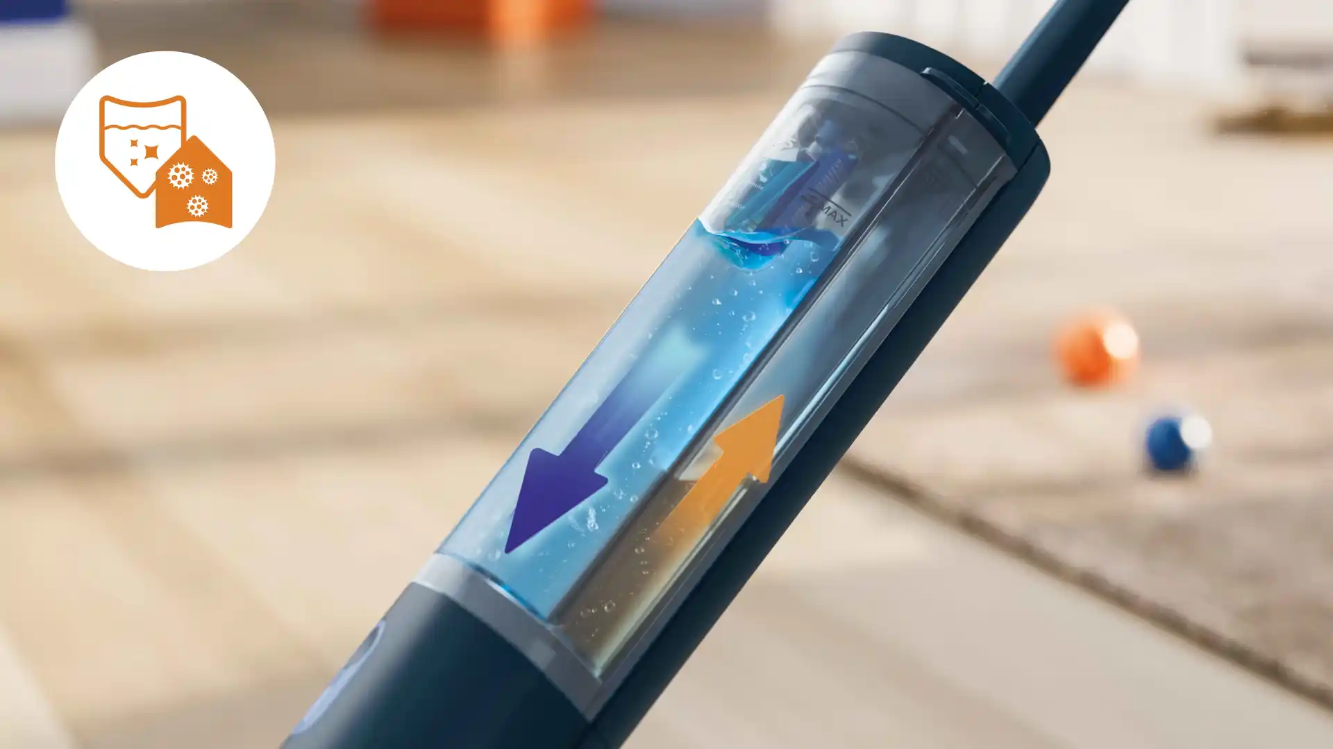 El limpiador de suelos Philips OneUp demuestra su avanzado sistema de doble depósito con una visualización del flujo de agua limpia y sucia y un icono de eliminación de gérmenes, destacando la tecnología de limpieza superior. El limpiador de suelos Philips OneUp demuestra su avanzado sistema de doble depósito con una visualización del flujo de agua limpia y sucia y un icono de eliminación de gérmenes, destacando la tecnología de limpieza superior.