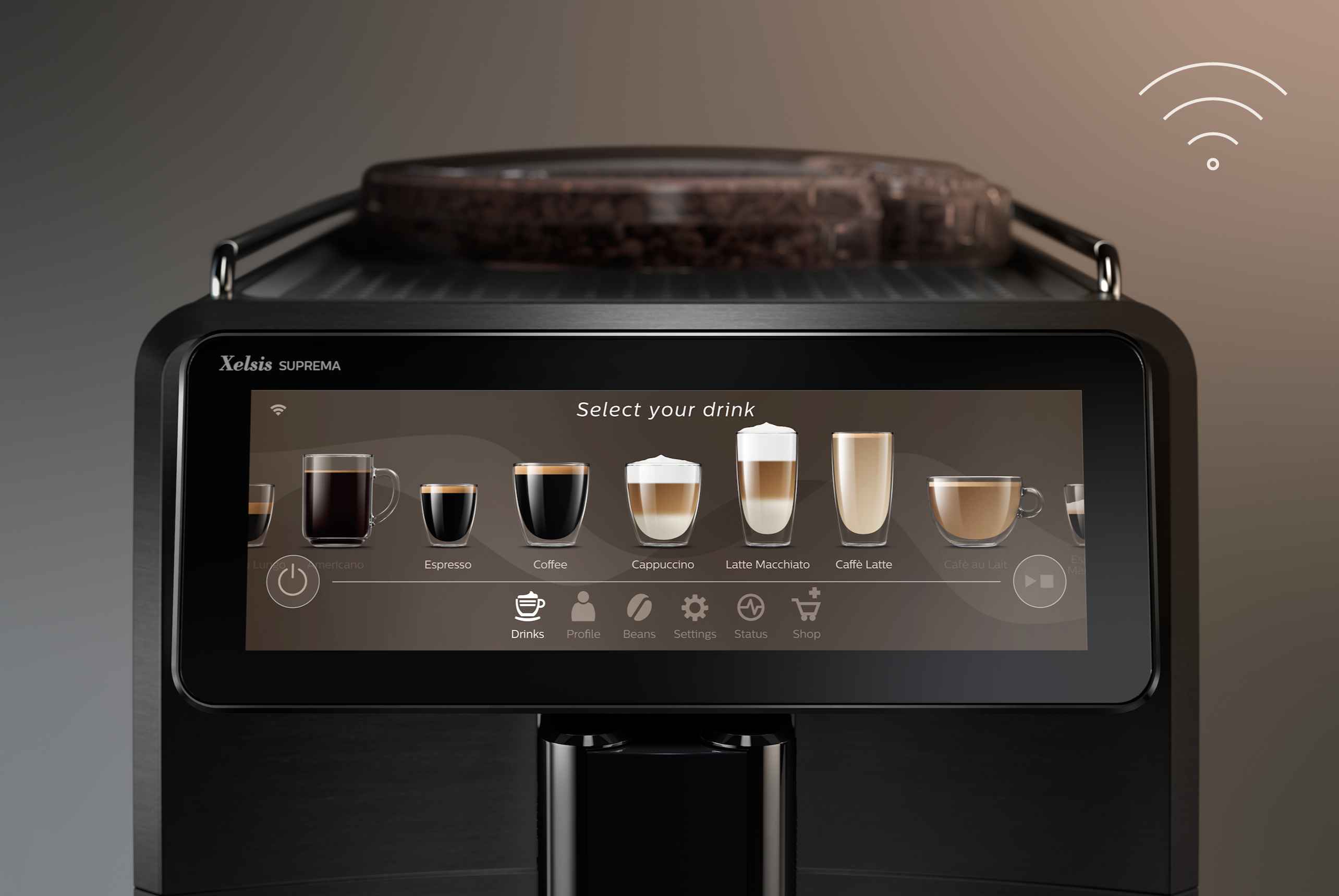 Nærbilde av en svart Philips Saeco Xelsis Suprema automatisk kaffemaskin med et berøringsskjermgrensesnitt. Velg fra et utvalg av spesialkaffedrikker for en personlig kaffeopplevelse. Nærbilde av en svart Philips Saeco Xelsis Suprema automatisk kaffemaskin med et berøringsskjermgrensesnitt. Velg fra et utvalg av spesialkaffedrikker for en personlig kaffeopplevelse.