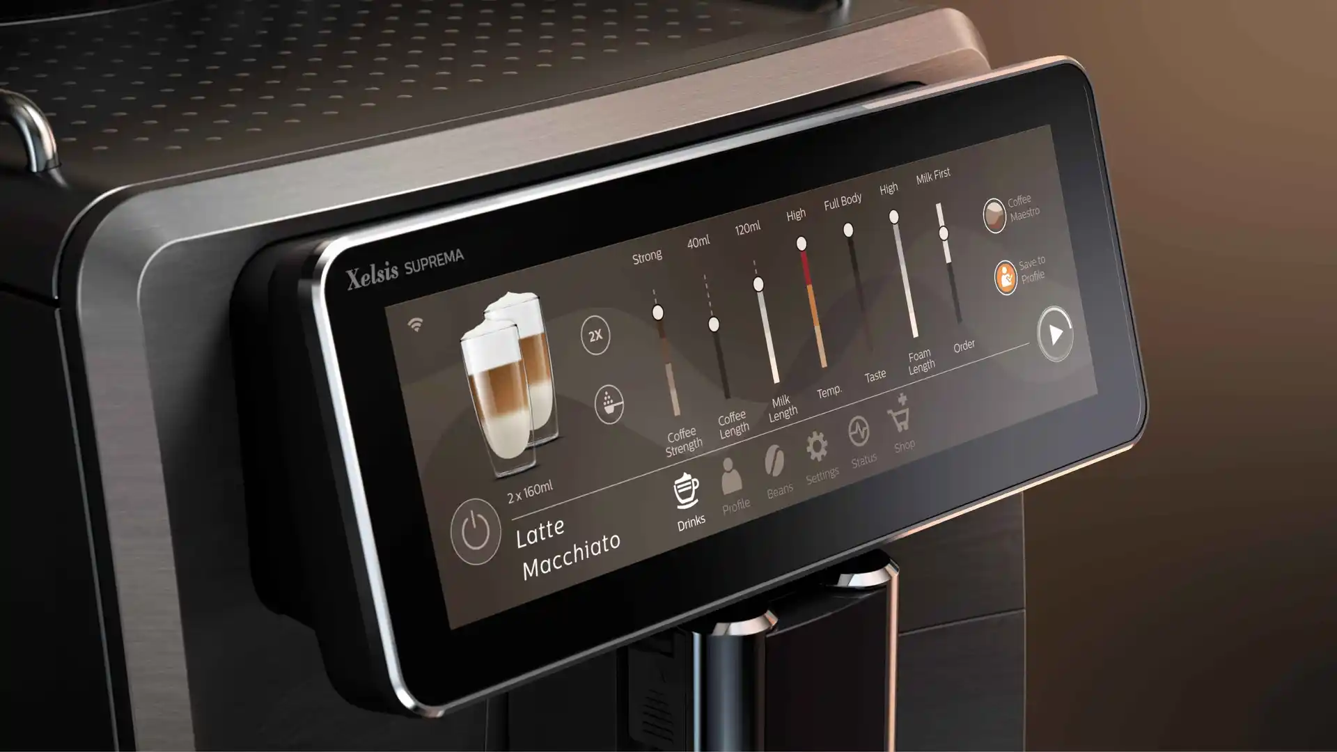 Close-up of a Philips Saeco coffee machine's touchscreen showcasing a Latte Macchiato selection with adjustable strength, temperature, and milk foam settings, promoting its premium user experience. Close-up of a Philips Saeco coffee machine's touchscreen showcasing a Latte Macchiato selection with adjustable strength, temperature, and milk foam settings, promoting its premium user experience.
