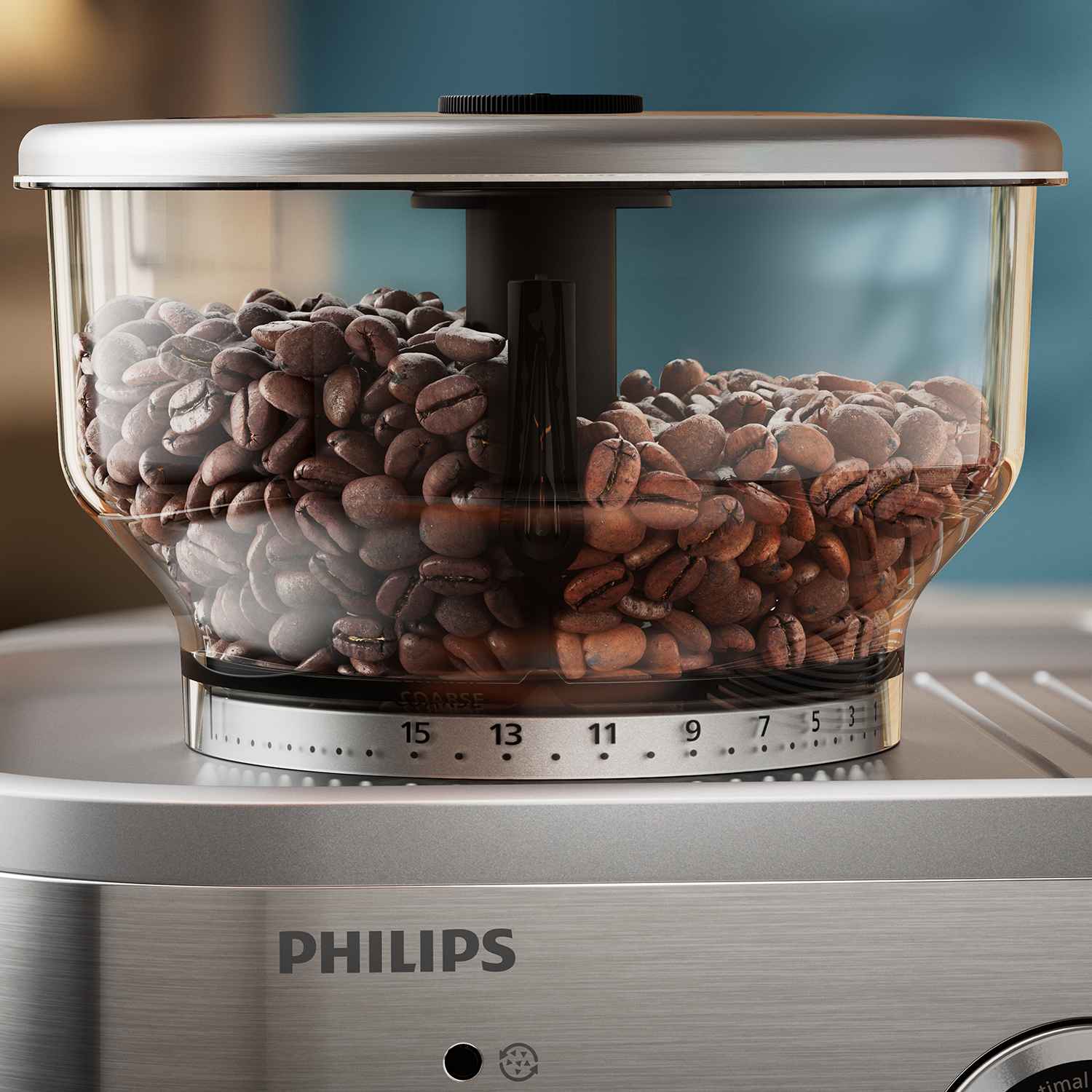 Młynek do kawy Philips Semiauto, zbliżenie, prezentujący pełny zasobnik na ziarna i ustawienia grubości mielenia. Świeżo zmielona kawa o wybranej grubości czeka. Młynek do kawy Philips Semiauto, zbliżenie, prezentujący pełny zasobnik na ziarna i ustawienia grubości mielenia. Świeżo zmielona kawa o wybranej grubości czeka.