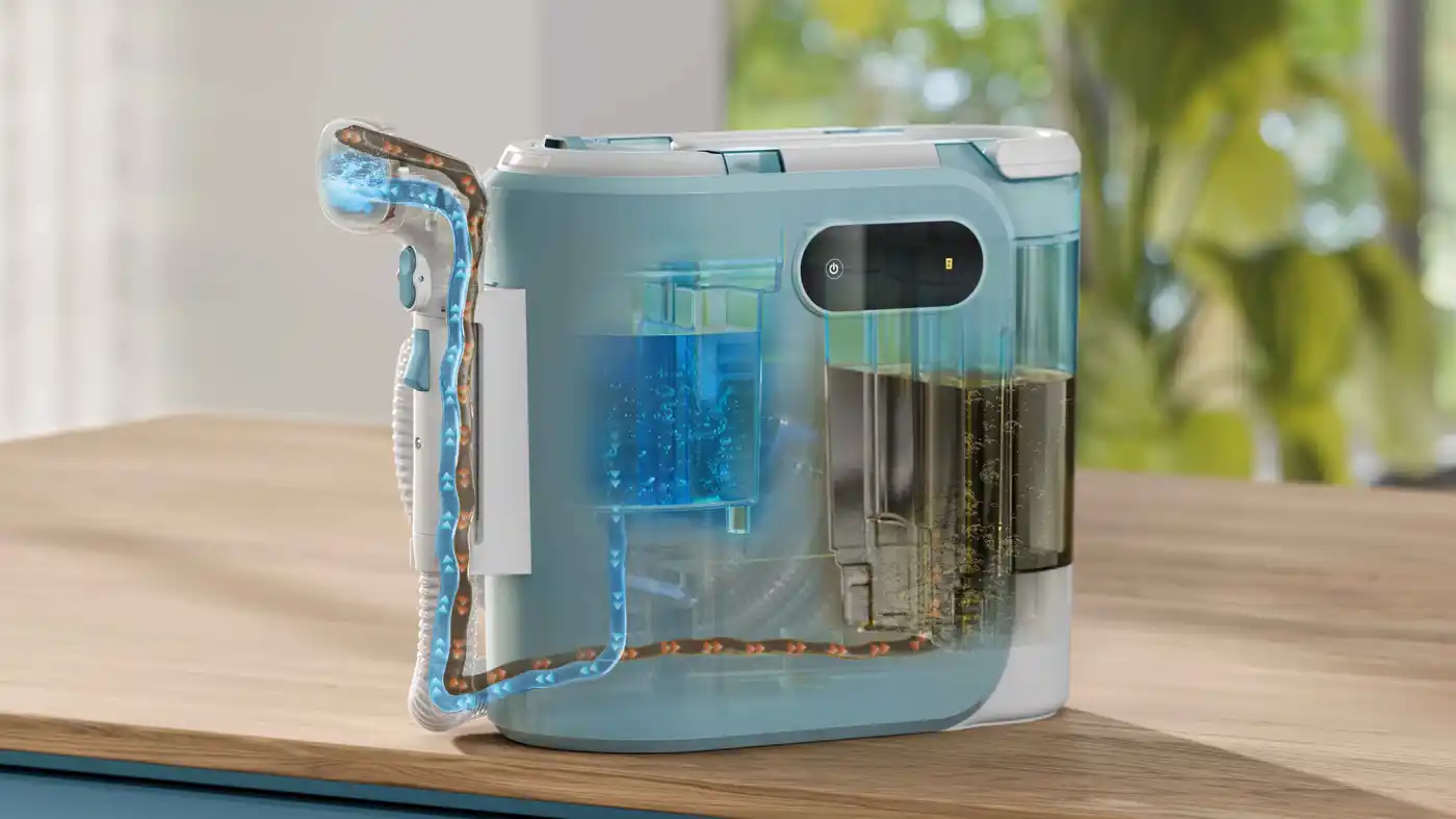Philips Spot Cleaner illustration: Demonstrating its powerful suction and dual tank technology for effective stain removal, showcasing the clean and dirty water separation system. Philips Spot Cleaner illustration: Demonstrating its powerful suction and dual tank technology for effective stain removal, showcasing the clean and dirty water separation system.