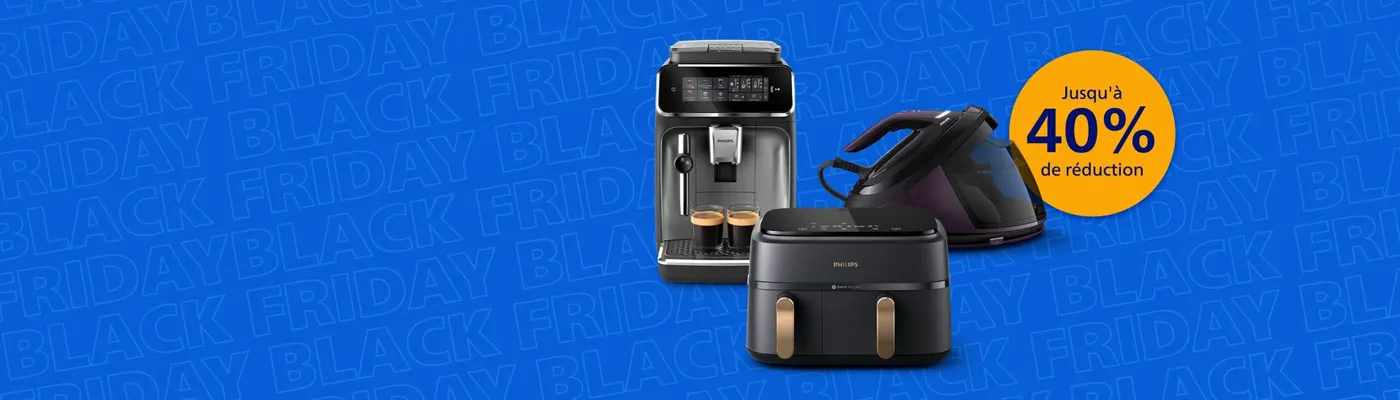 Bannière faisant la promotion de l’événement Black Friday à venir sur le site Philips Home. Bannière faisant la promotion de l’événement Black Friday à venir sur le site Philips Home.