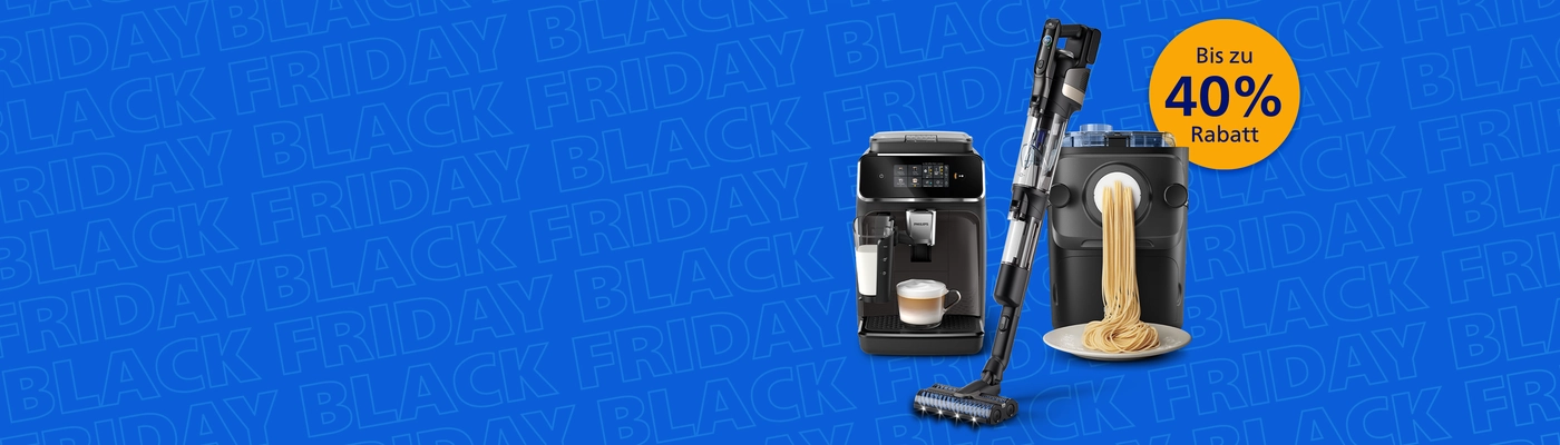 Banner, das das bevorstehende Black Friday Event auf der Philips Home Website ankündigt Banner, das das bevorstehende Black Friday Event auf der Philips Home Website ankündigt
