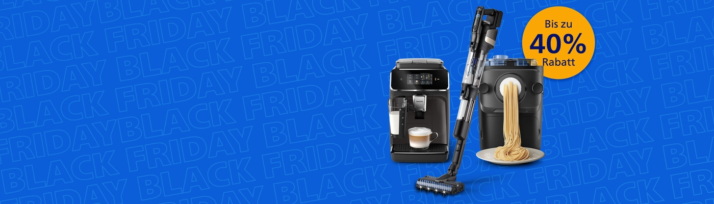 Banner, das das bevorstehende Black Friday Event auf der Philips Home Website ankündigt Banner, das das bevorstehende Black Friday Event auf der Philips Home Website ankündigt