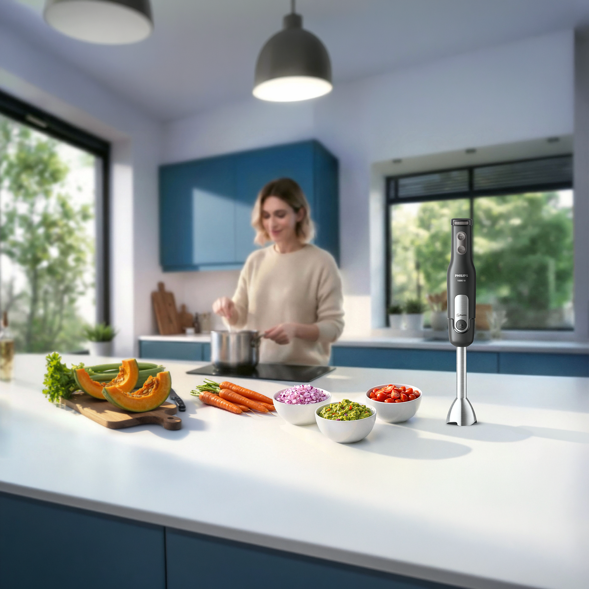 Philips ProMix staafmixer in een moderne keuken voor moeiteloos mixen en bereiden van verse groenten en ingrediënten. Philips ProMix staafmixer in een moderne keuken voor moeiteloos mixen en bereiden van verse groenten en ingrediënten.