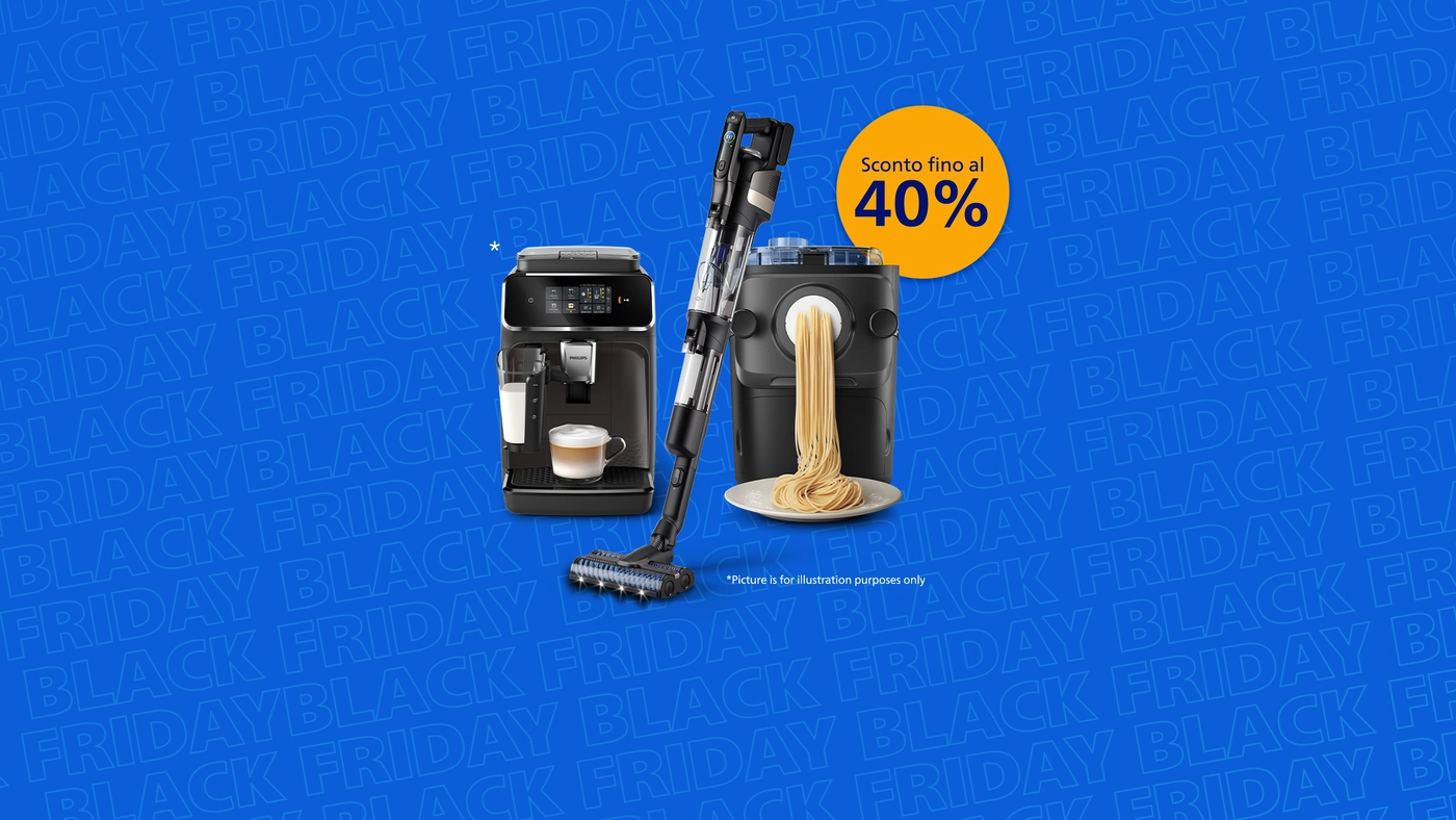 Banner che annuncia il prossimo evento Black Friday sul sito web Philips Home Banner che annuncia il prossimo evento Black Friday sul sito web Philips Home
