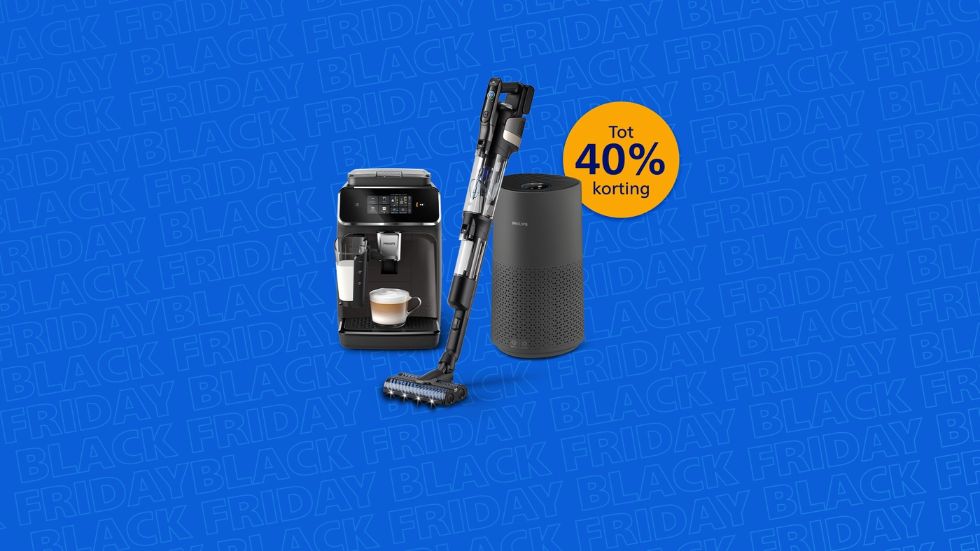 Banner die het aankomende Black Friday-evenement aankondigt op de Philips Home-website Banner die het aankomende Black Friday-evenement aankondigt op de Philips Home-website