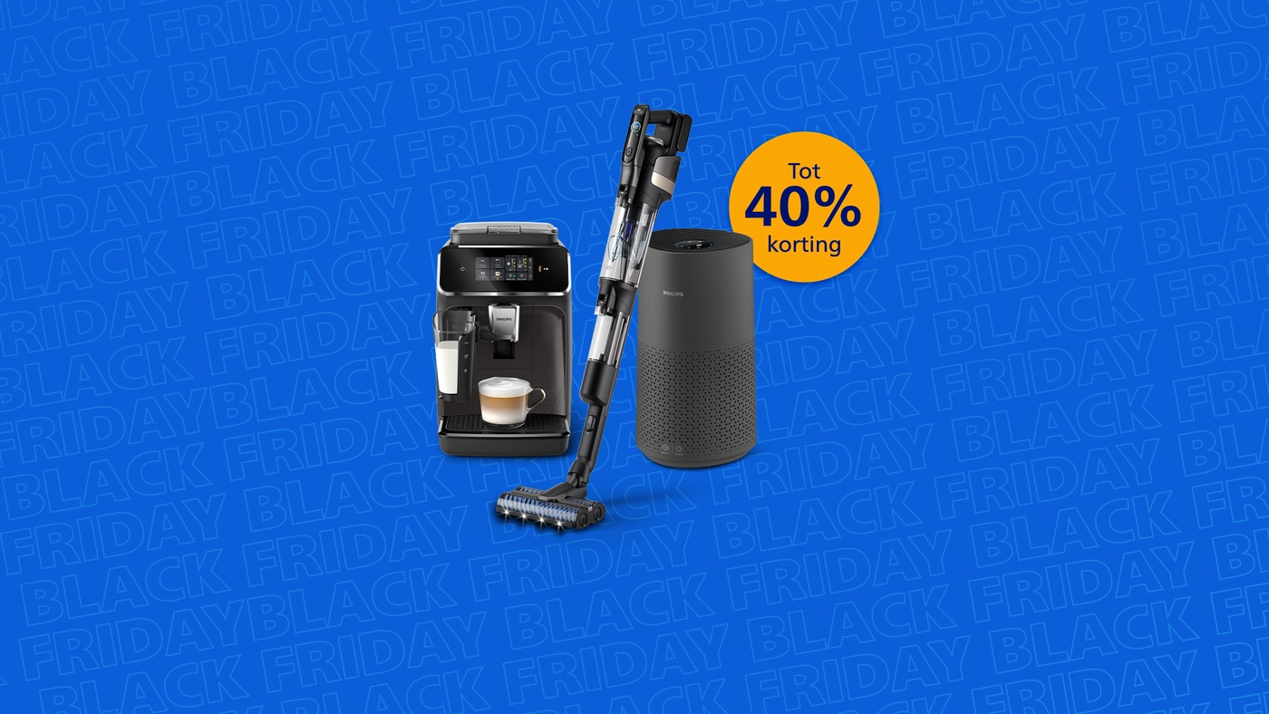 Banner die het aankomende Black Friday-evenement aankondigt op de Philips Home-website Banner die het aankomende Black Friday-evenement aankondigt op de Philips Home-website