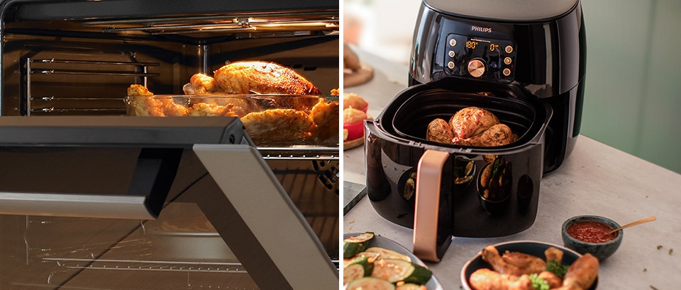 Jämförelse sida vid sida mellan en varmluftsugn och en Airfryer, båda tillagar kyckling. Jämförelse sida vid sida mellan en varmluftsugn och en Airfryer, båda tillagar kyckling.