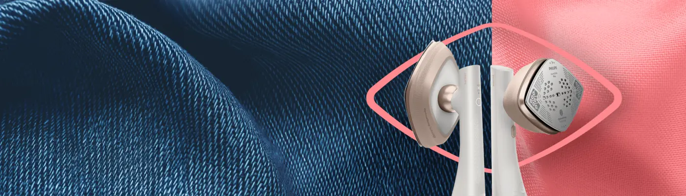 Hybridní žehlička a napařovač Philips Oneturn na látce s modrým a růžovým textilním pozadím Hybridní žehlička a napařovač Philips Oneturn na látce s modrým a růžovým textilním pozadím
