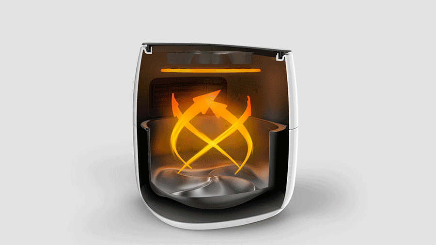 Tværsnit af Philips Airfryer, der viser Rapid Air-teknologi med hurtig og jævn cirkulation af varm luft. Tværsnit af Philips Airfryer, der viser Rapid Air-teknologi med hurtig og jævn cirkulation af varm luft.